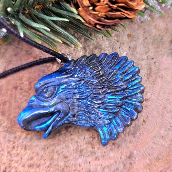 Nature Labradorite Flashy Strong Eagle Head Pendant Necklace - Picture 4 of 10